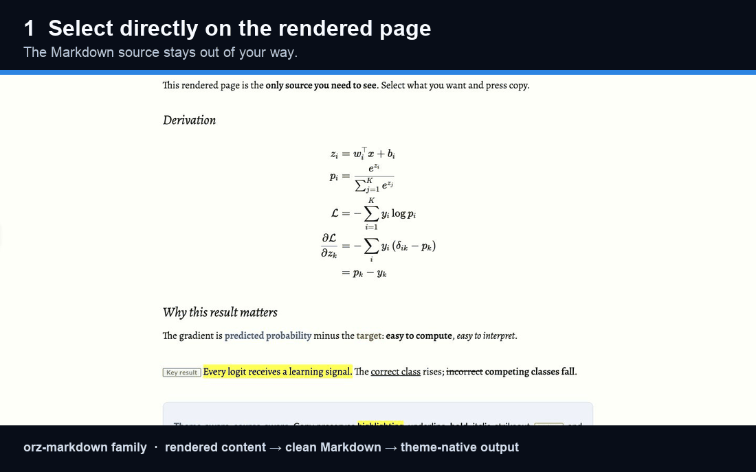 Selecting rendered math and rich text, copying it as Markdown, and pasting it into two columns of an orz-slides deck where it adapts to the Neon theme.